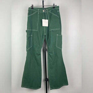 Et Clet Green Cargo Carpet Flare White Contrast Stitch Pants